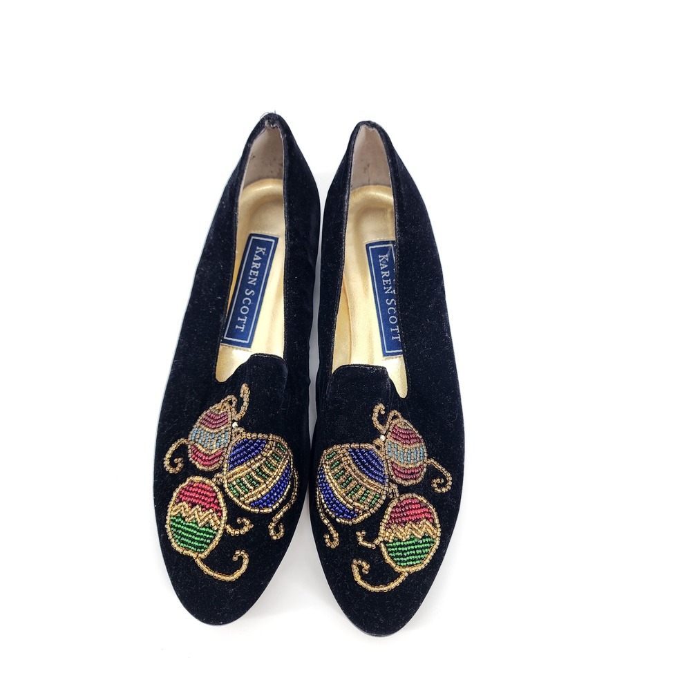 Karen Scott Womens 7.5B Present Black Velvet Beaded Christmas‎ Ornament Loafers